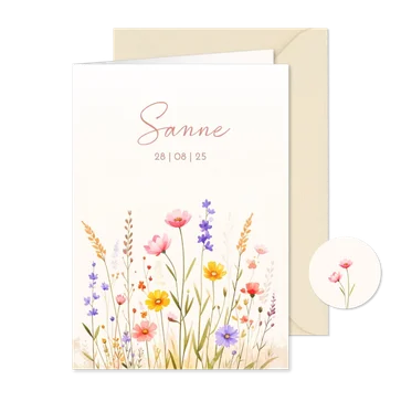 Zomers geboortekaartje met gemengde bloemen aquarel